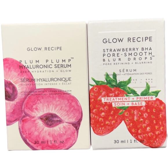 Glow Recipe Plum Plump Hyaluronic Serum & Strawberry BHA Pore Smooth Blur Drops - Picture 1 of 14